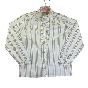 Vintage Lady Holiday Ruffle Neck Striped Blouse White Navy ILGWU Union Made L